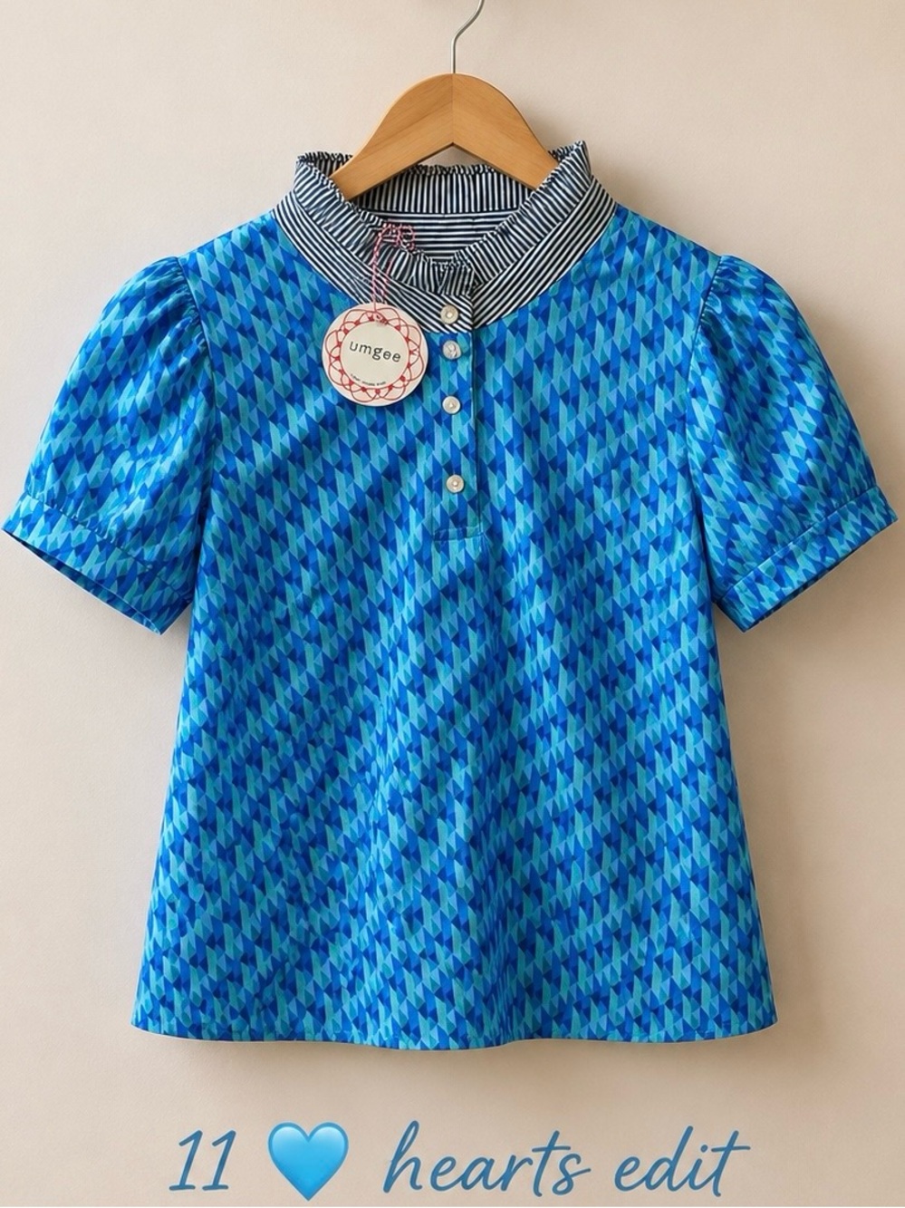 Umgee Blue Geometric pattern w/ruffled black/white mock neck top NWT